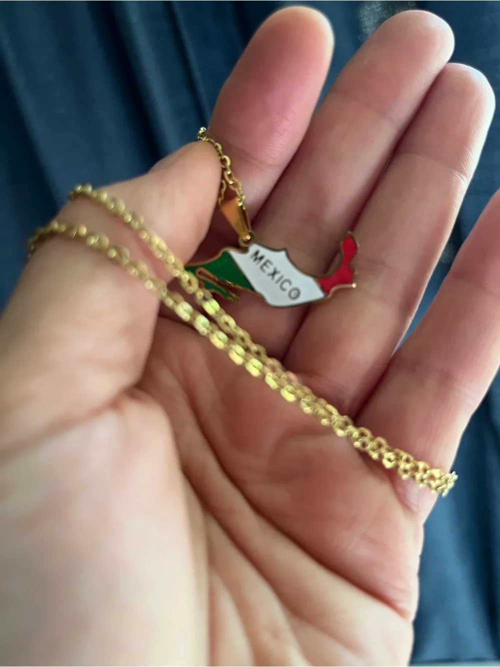 Stainless Steel Gold Mexico Map Pendant Necklace with Green, White, Red Enamel